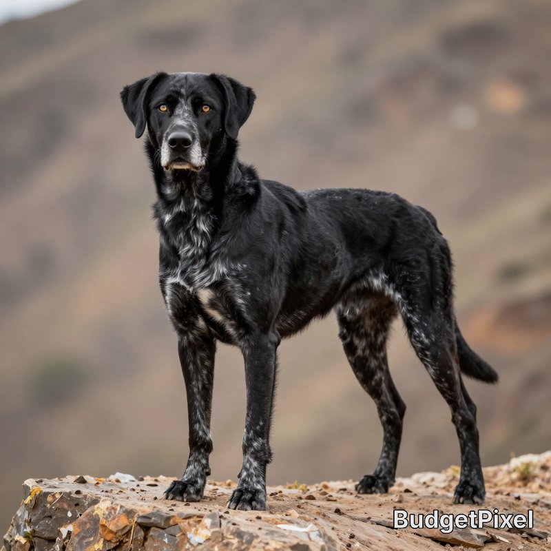 Black speckled senior dog with amber eyes stands alert on a rocky mountain ledge facing the viewer