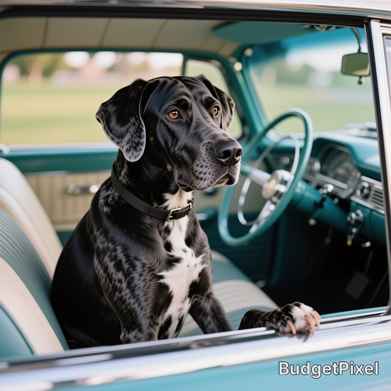 Black merle Great Dane sits in the driver's seat of a turquoise vintage car, paw resting on the o...