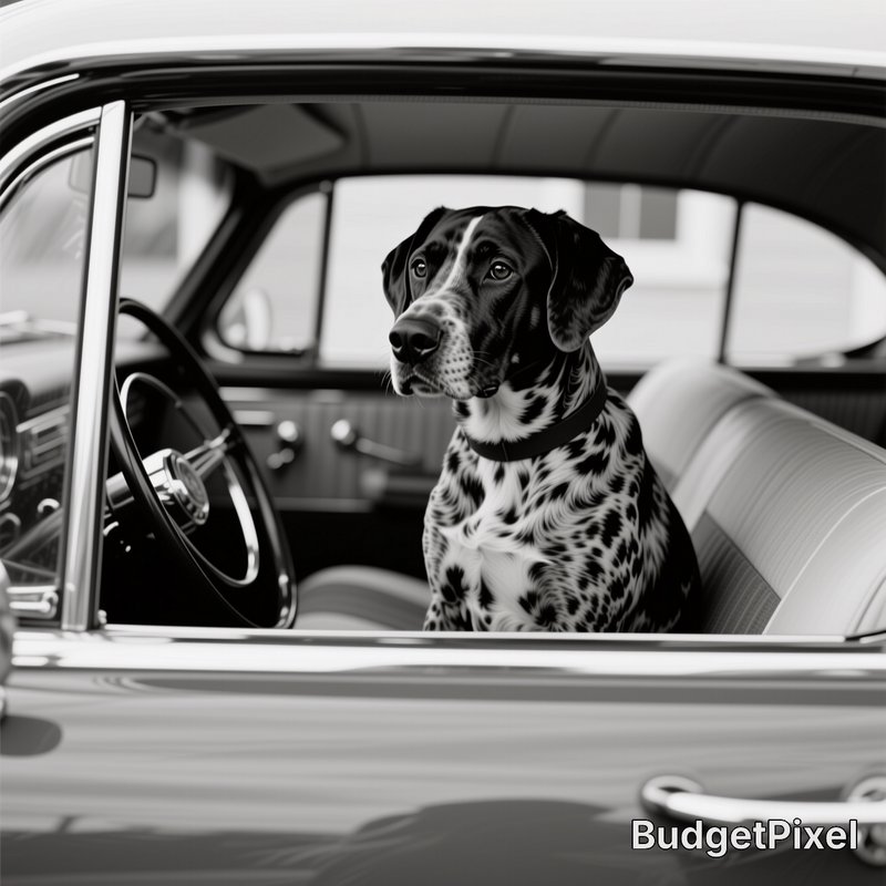 Black and white photo of a spotted pointer mix dog sitting in the driver seat of a vintage classi...