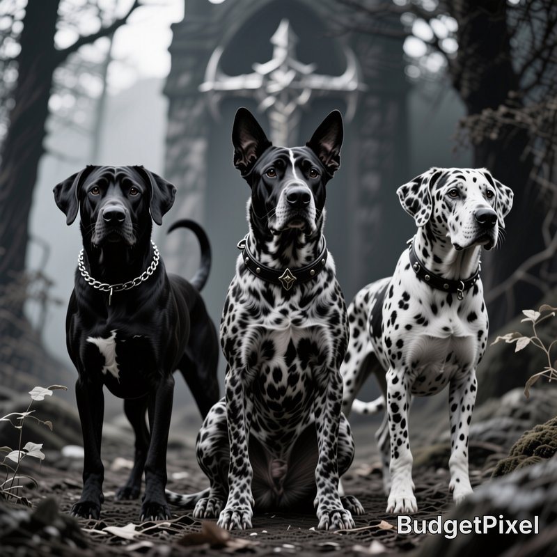 Three alert guardian dogs, one seated, pose before a misty ornate gothic arch in a dark spooky fo...