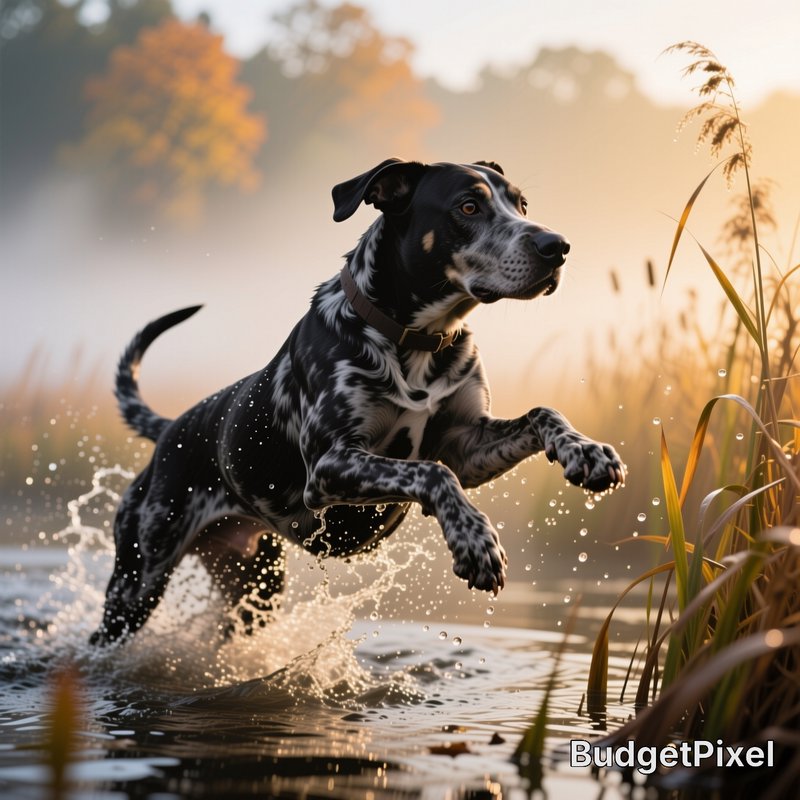 Black and white merle dog leaping from shallow splashing river at misty golden sunrise, riverside...