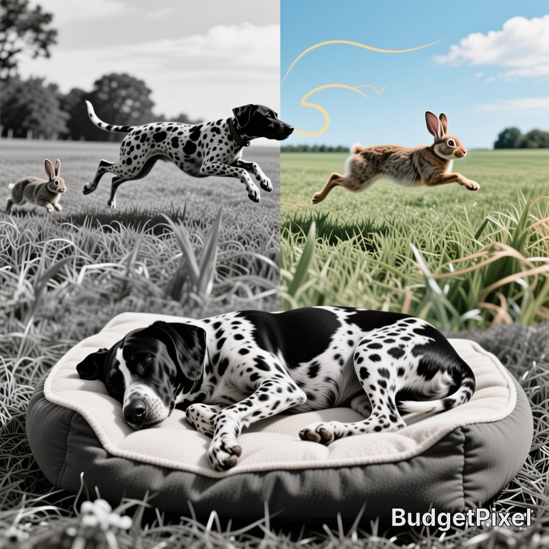 Surreal split composite of a sleeping spotted Dalmatian dog dreaming of chasing a rabbit in a gra...
