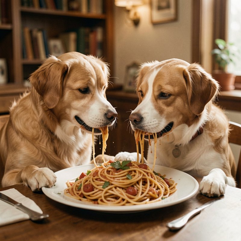 Two fluffy light brown and white dogs share and eat spaghetti from a large plate at a wooden dini...