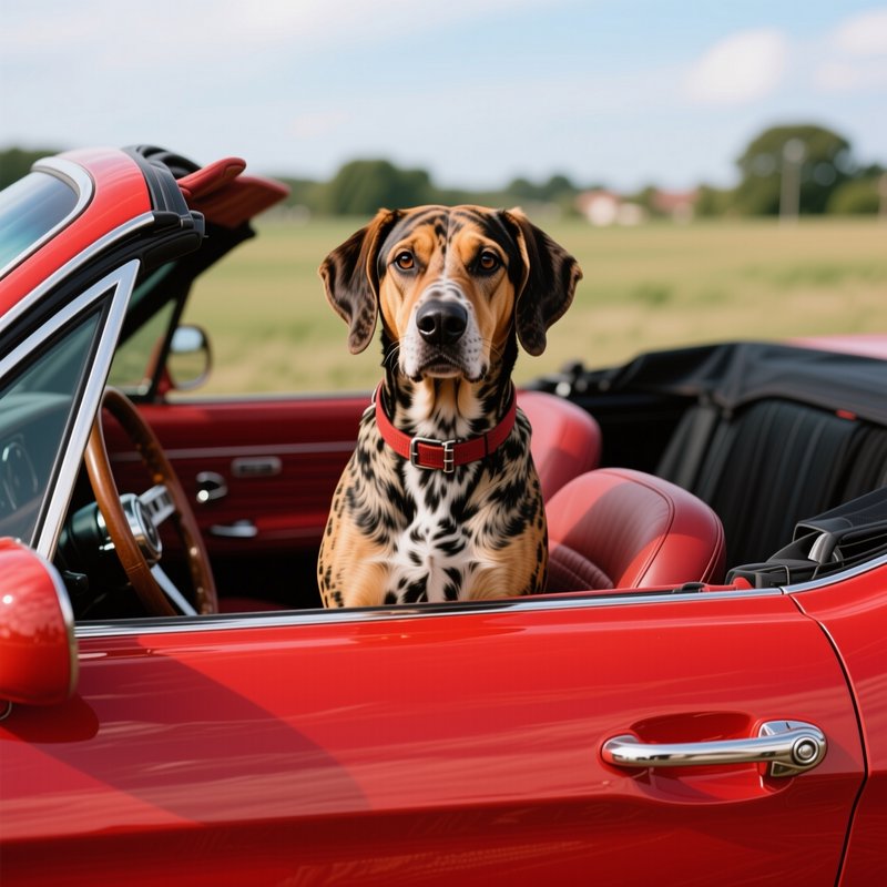 Spotted hound dog wearing a red collar sits in the driver's seat of a glossy red classic converti...