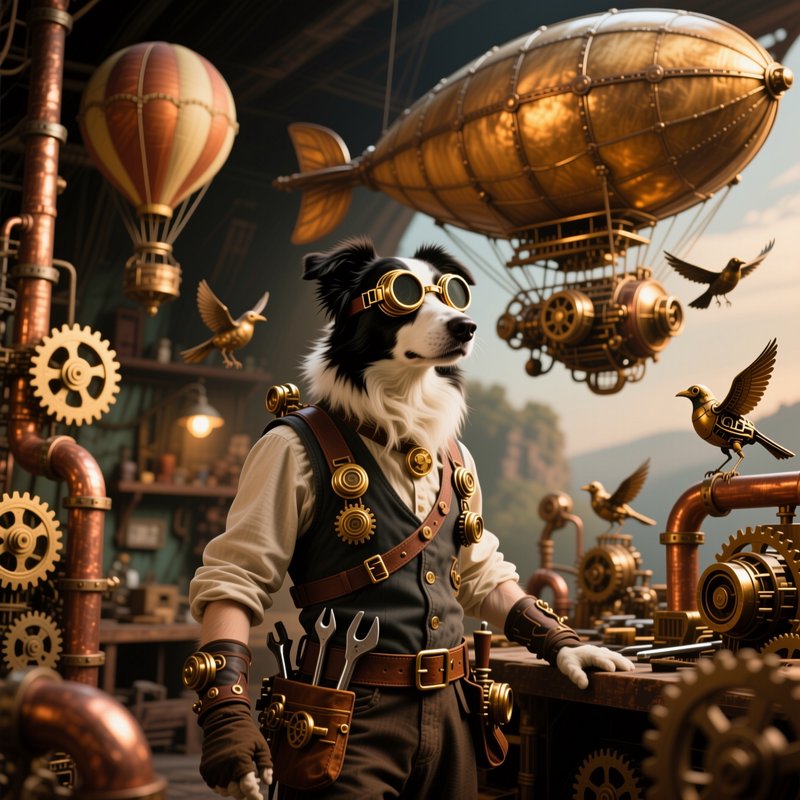 Anthropomorphic steampunk border collie with brass goggles stands in a gear-filled workshop besid...