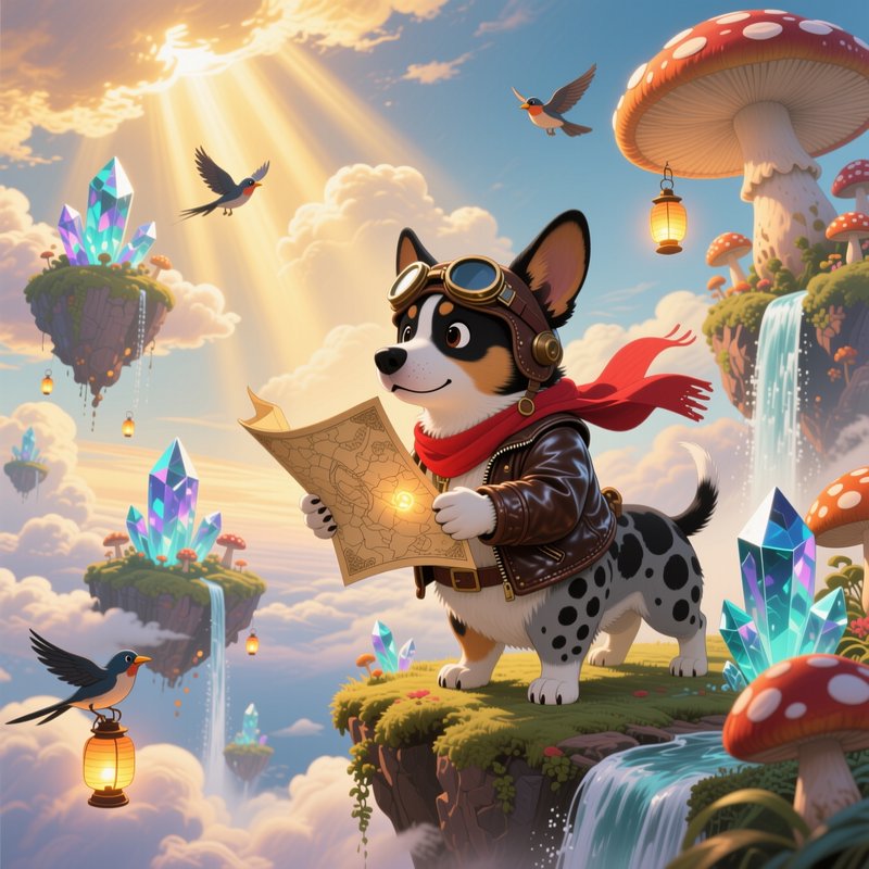 Aviator corgi explorer holds a glowing treasure map standing on a magical floating fantasy sky is...