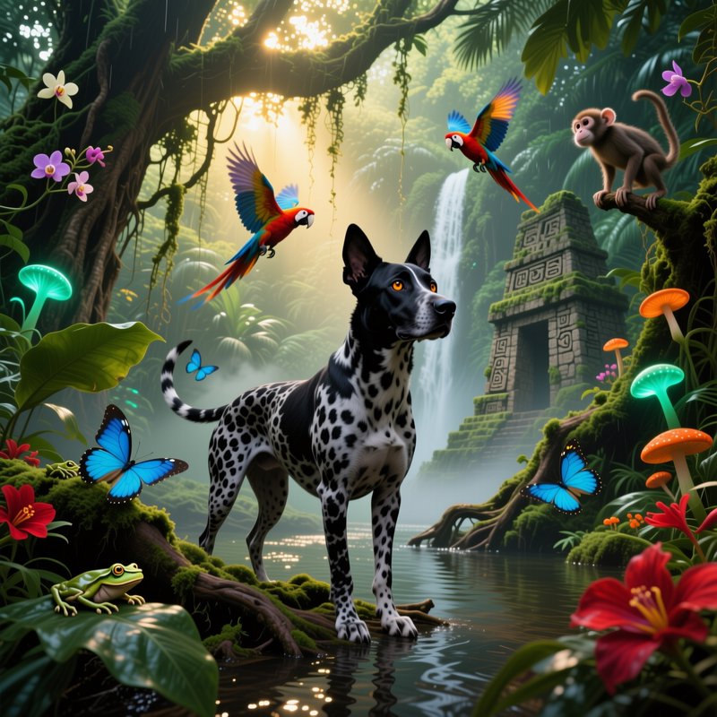 Black and white spotted dog stands in a magical rainforest with tropical wildlife and ancient jun...