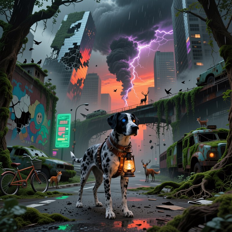 Spotted Dalmatian with heterochromatic eyes wears a lantern harness in an overgrown post-apocalyp...