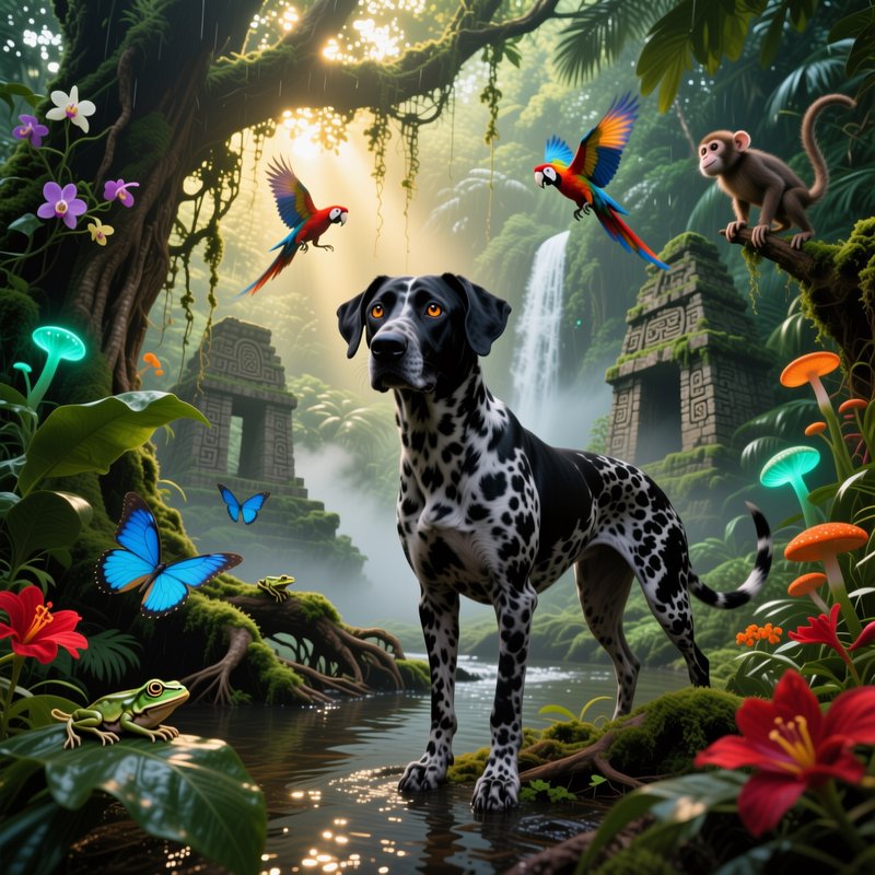 Black and white spotted Great Dane stands in a misty magical rainforest surrounded by jungle wild...
