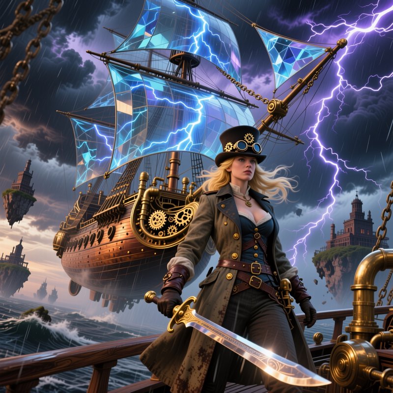 Steampunk female captain holds a sword on a flying airship deck, beneath a stormy sky with purple...