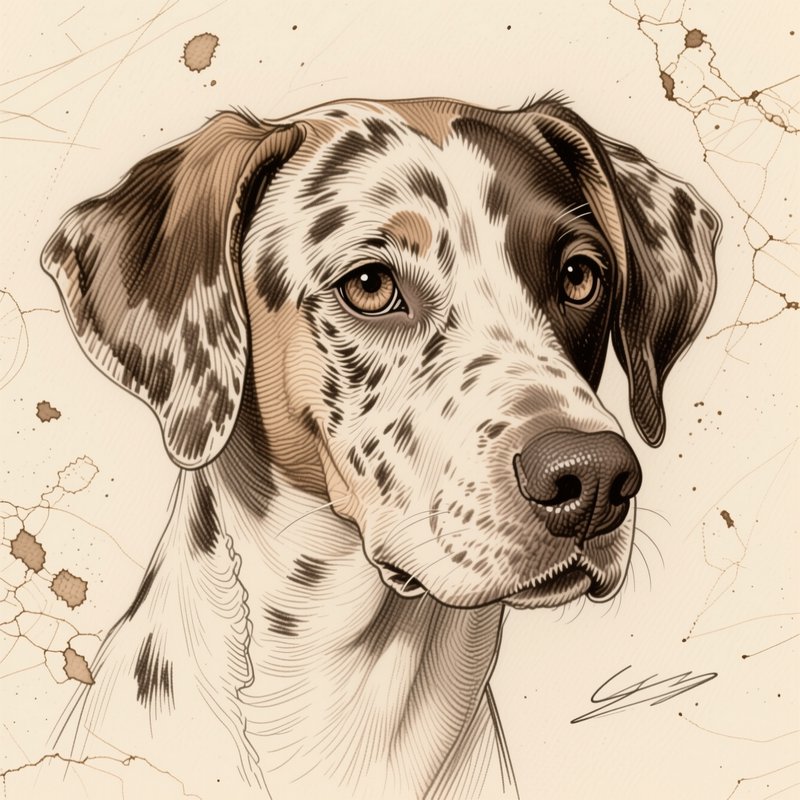 Sepia ink sketch portrait of a spotted harlequin Great Dane dog on textured aged cream paper back...