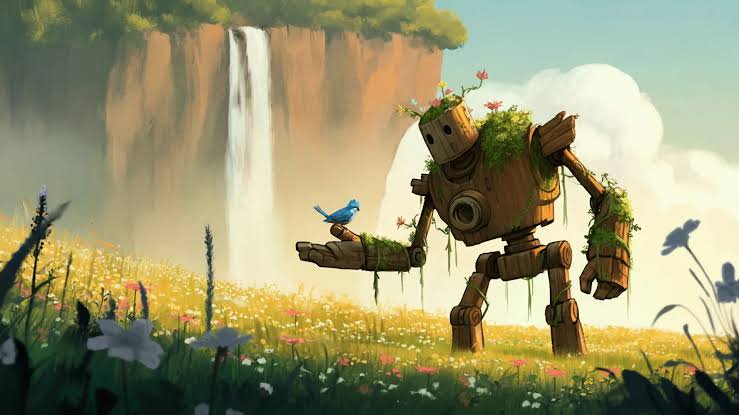 Gentle moss-covered wooden robot holds a small blue bird standing in a sunlit meadow before a cli...