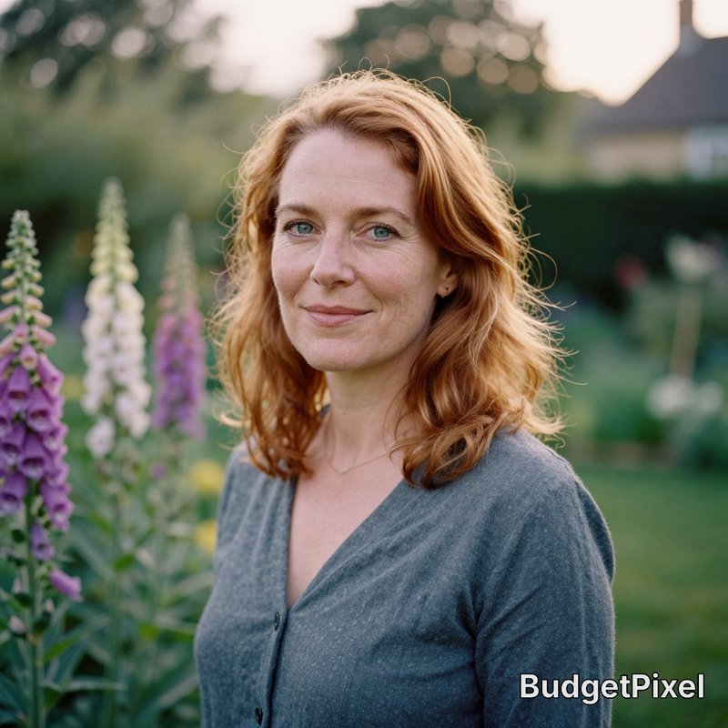 Gentle smiling middle-aged red-haired woman standing in a sunlit cottage garden beside blooming f...