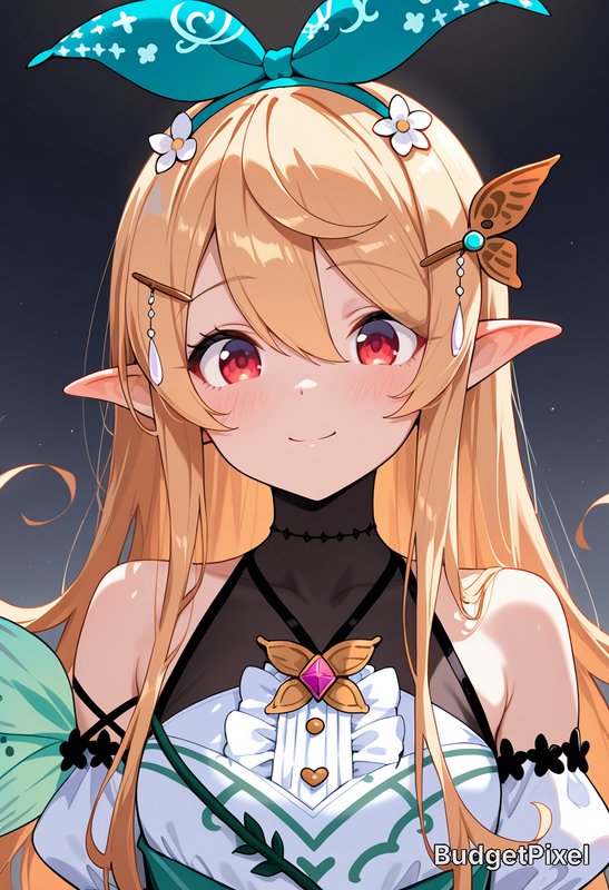 Cute anime portrait of a blonde fantasy elf girl with red eyes, teal bow headband, and gentle smi...
