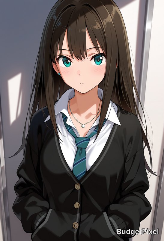 Anime portrait of a high school girl with long dark brown hair, teal eyes, and school uniform in ...