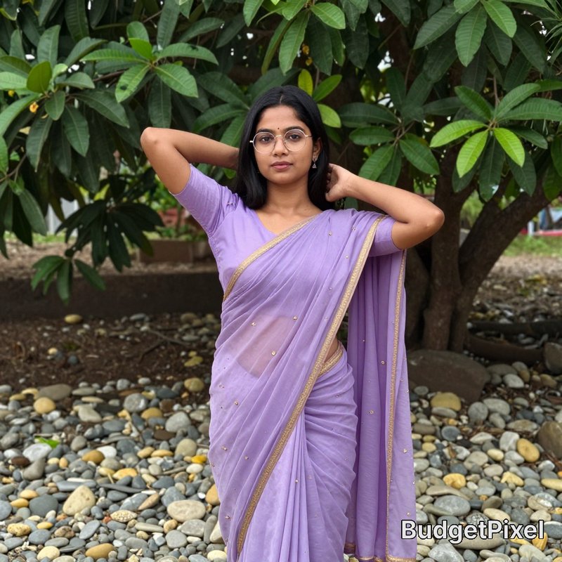 Young South Asian woman in a lavender gold-trimmed saree poses outdoors with hands behind her hea...