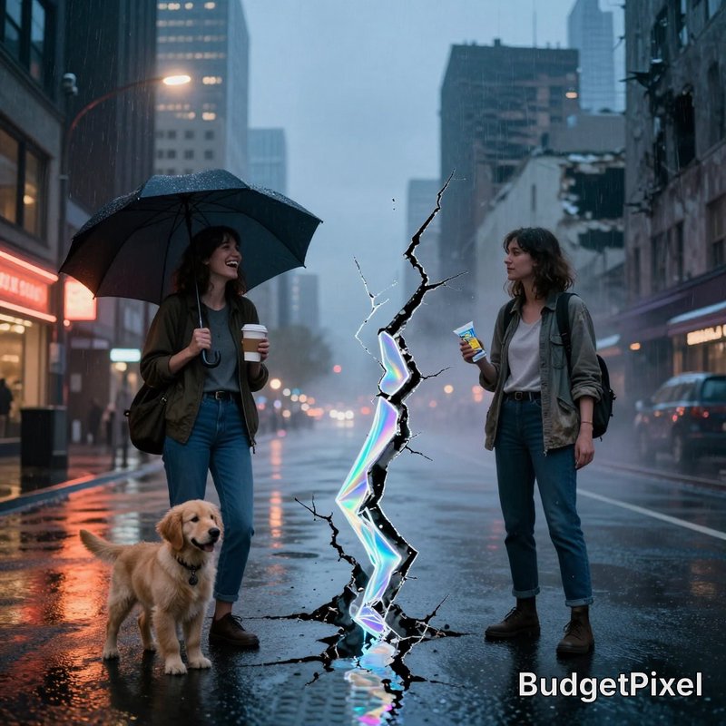 Surreal rainy city street scene with twin women, golden retriever, glowing iridescent dimensional...