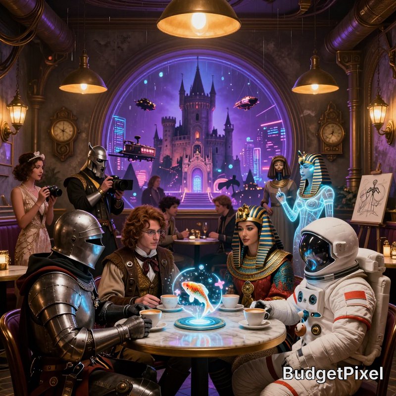 Surreal cross-genre cafe scene with varied historical, fantasy, sci-fi characters seated around a...