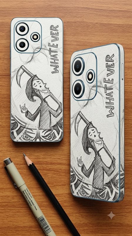 Two smartphone cases with hand-drawn grim reaper art rest on a wooden table beside a pencil and s...