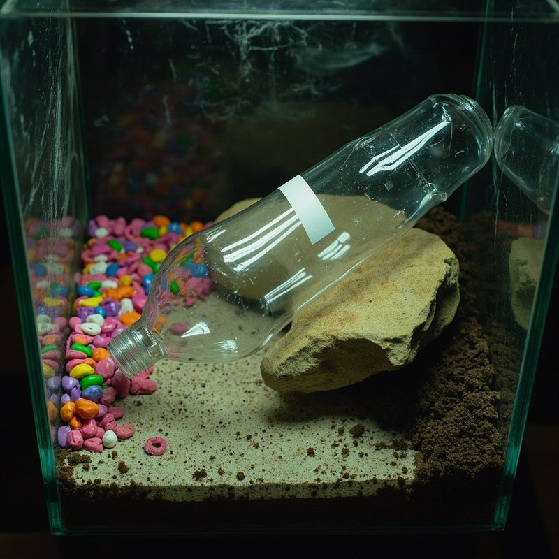 Tilted empty plastic bottle propped on a rock inside a glass terrarium with colorful decorative g...