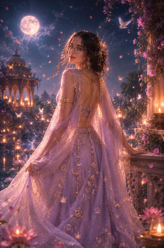 Ethereal woman in embroidered lavender fantasy lehenga stands on a moonlit palace balcony under a...