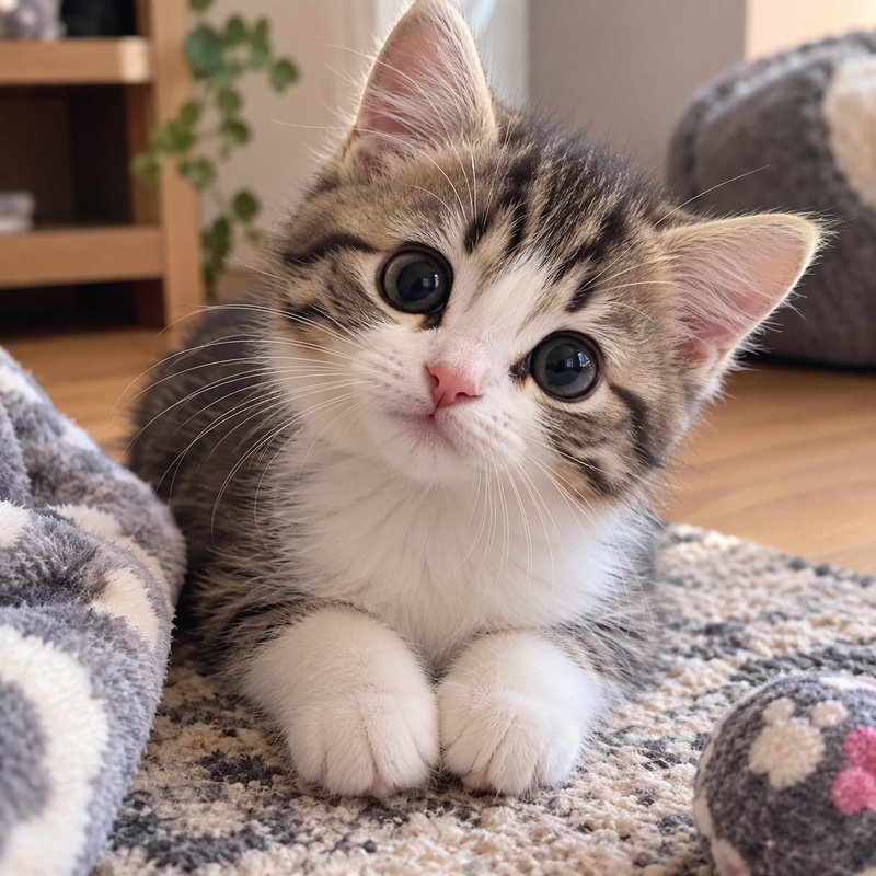 Adorable tabby-and-white kitten with big wide eyes rests on a cozy carpet, gazing curiously upwar...