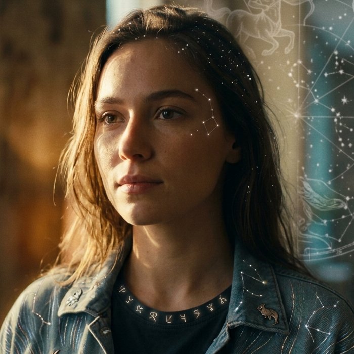 Close-up portrait of a thoughtful woman with glowing constellation overlays, lit by warm golden i...