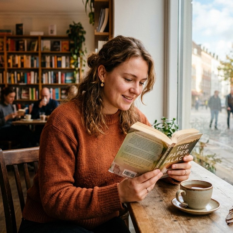 Smiling woman in a burnt orange sweater reads a paperback book at a sunlit cozy bookstore cafe ta...