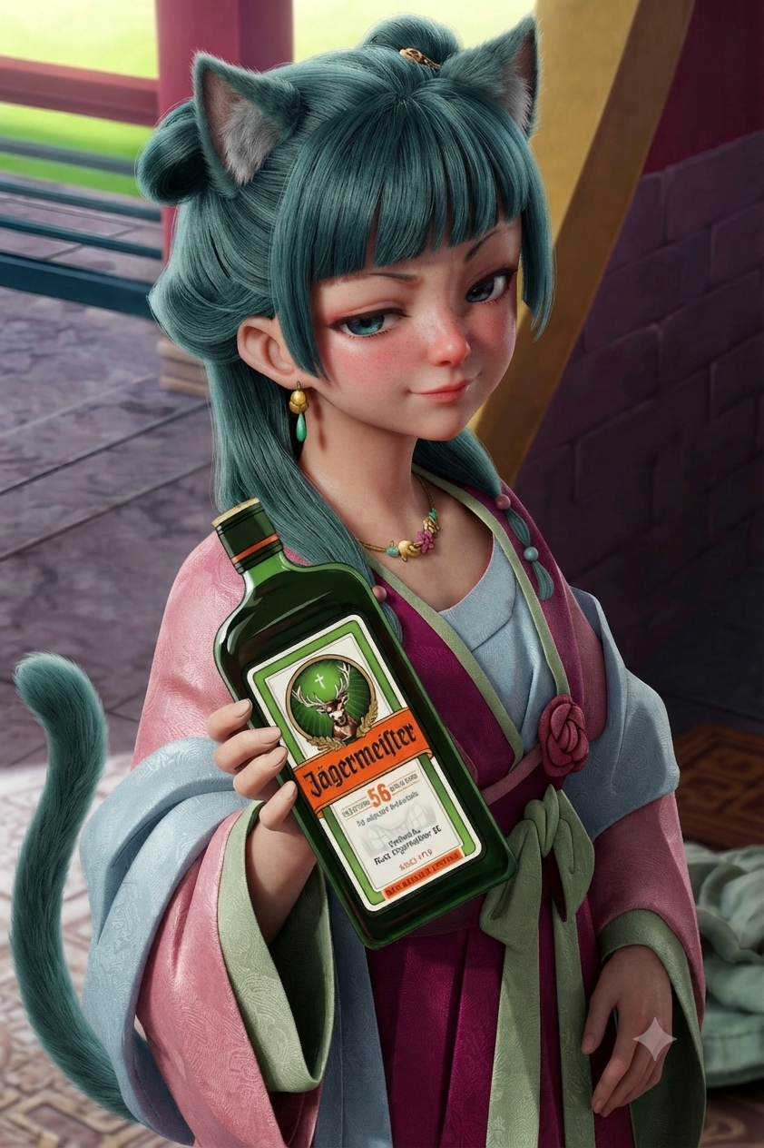 3D rendered teal-haired nekomimi cat girl holding a Jagermeister bottle, wearing traditional hanfu robes