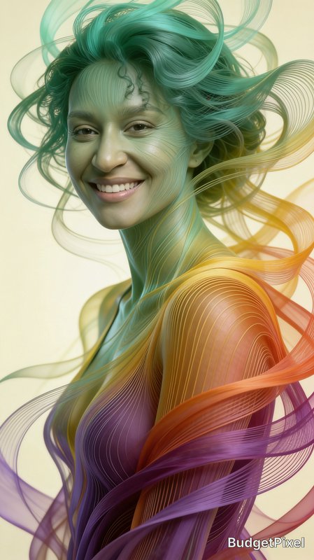 Surreal portrait of a smiling woman with flowing gradient translucent rainbow line art hair and form