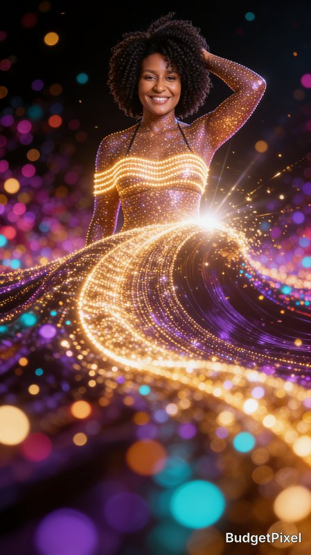Smiling curly-haired Black woman in a glowing swirling sparkly gown against vibrant multicolor fe...