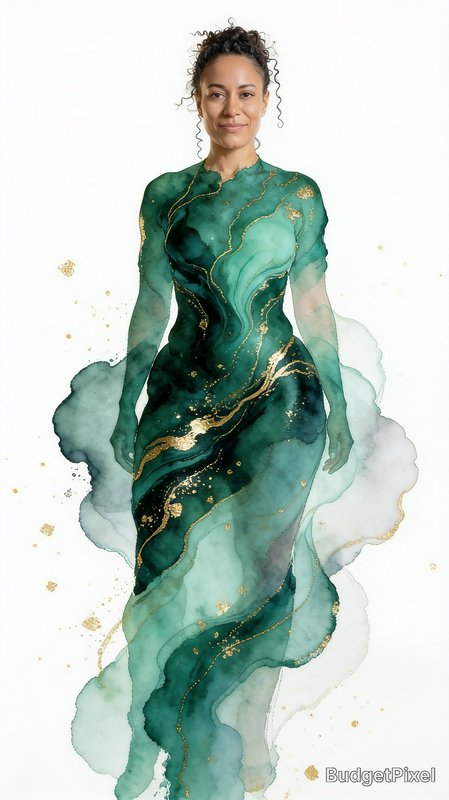 Watercolor portrait of a woman wearing an ethereal swirling emerald gown accented with gold, agai...