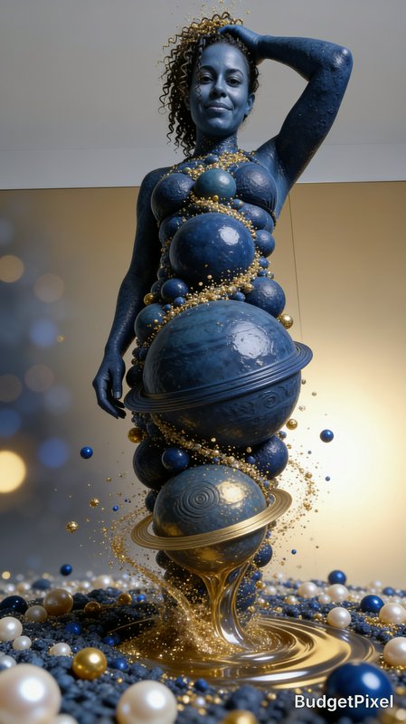 Surreal 3D art of blue-skinned celestial woman formed from stacked planetary orbs with flowing go...
