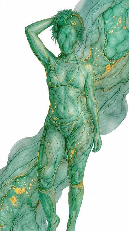 Translucent green alcohol ink art of a curvy feminine figure with gold accents, posed with one ha...