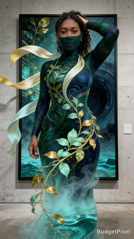 Surreal portrait of masked woman in botanical teal gown merging with gallery artwork, floating go...