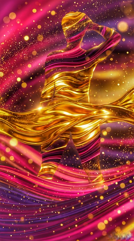 Abstract fluid gold, magenta, purple human silhouette with raised hand surrounded by sparkling golden bokeh effects