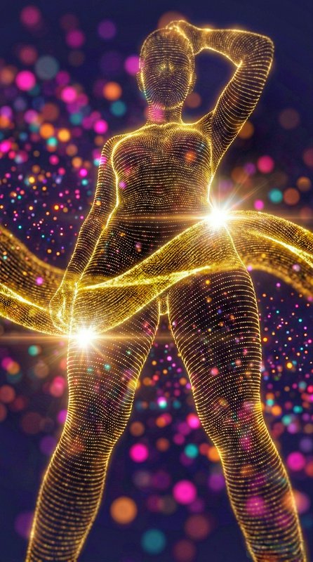Glowing golden particle wireframe human figure posing, with bright starbursts against colorful out-of-focus bokeh background