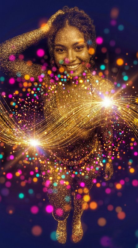 Smiling woman coated in sparkling golden glitter, surrounded by colorful bokeh lights and glowing...