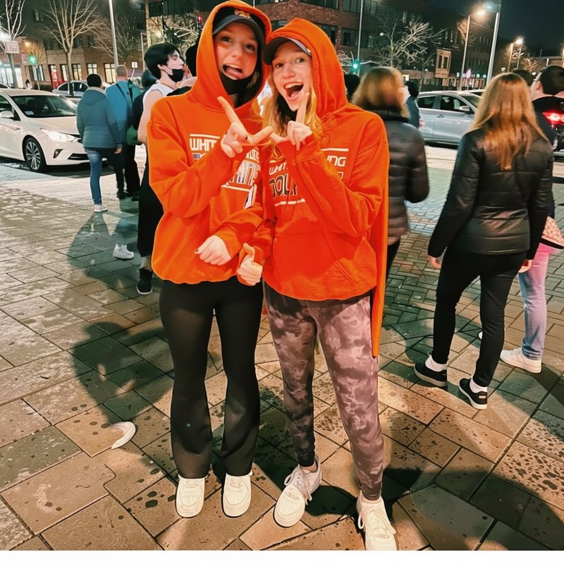 Two happy teen friends in matching orange hoodies pose with peace signs at a crowded nighttime ci...