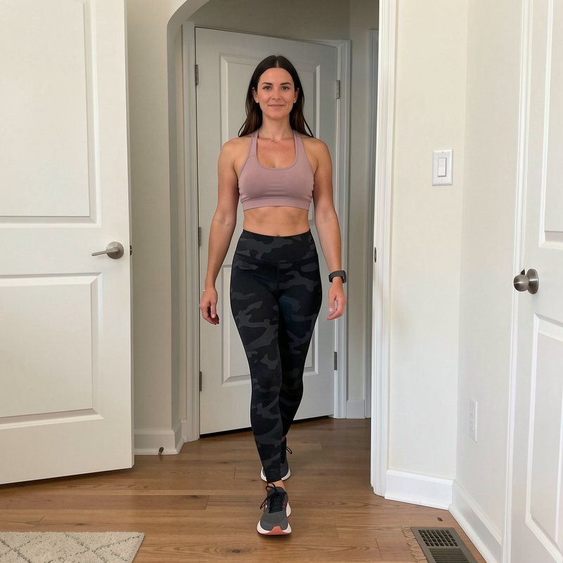 Toned fit woman in activewear walking toward the camera in a bright sunlit home hallway