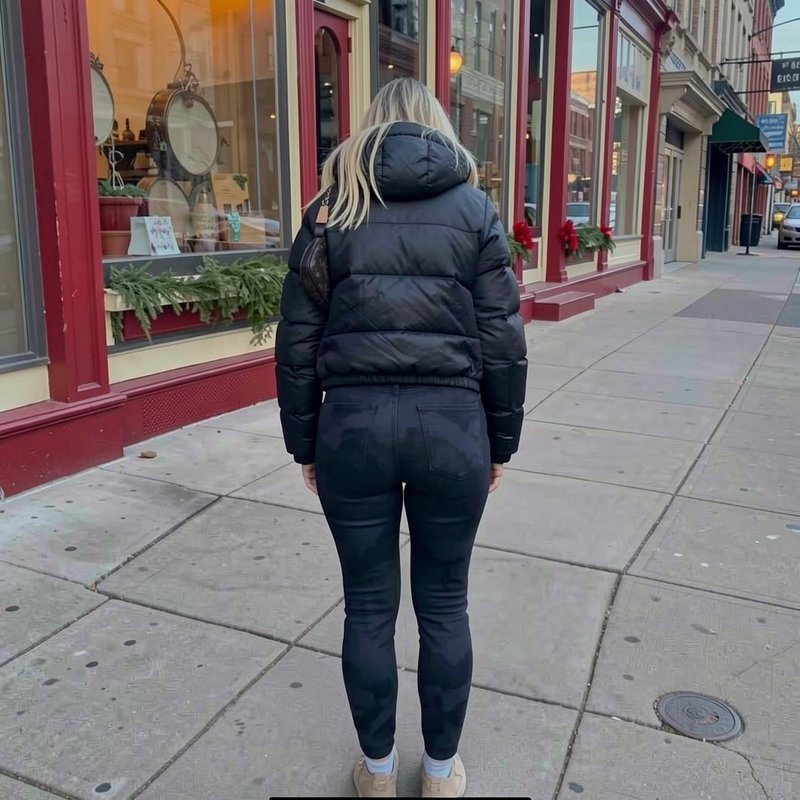 Funny optical illusion of a woman standing on a downtown sidewalk, where wet dark jeans create a distorted missing torso v...