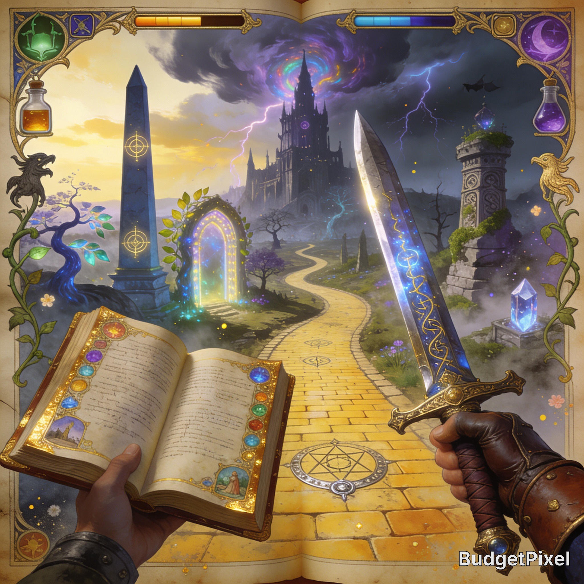 Fantasy first-person scene with a glowing sword, open magical book, and golden path toward a castle gate.