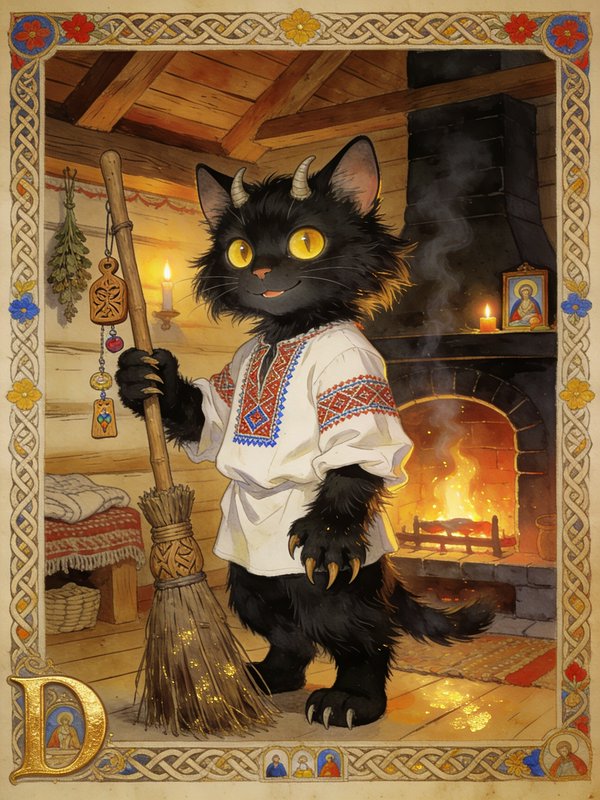 Whimsical black cat in traditional folk attire holding a broom in a cozy log cabin with a lit fir...