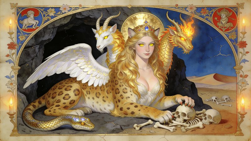 Mythical blonde queen with crown and wings, flanked by a dragon in a cave with skulls.