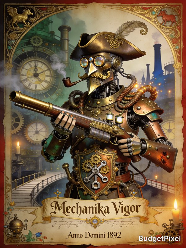 Steampunk knight in brass armor with goggles, feathered hat, and a long rifle amidst gear-filled ...