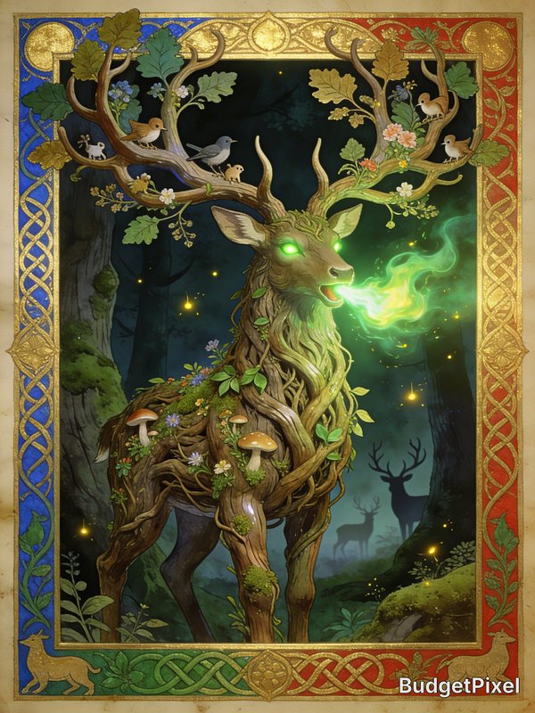 Enchanted deer with glowing green eyes breathing emerald fire in a moonlit forest framed by ornat...