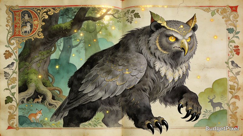 Large griffin-owl hybrid with a gold laurel crown in an illuminated-manuscript style forest scene.