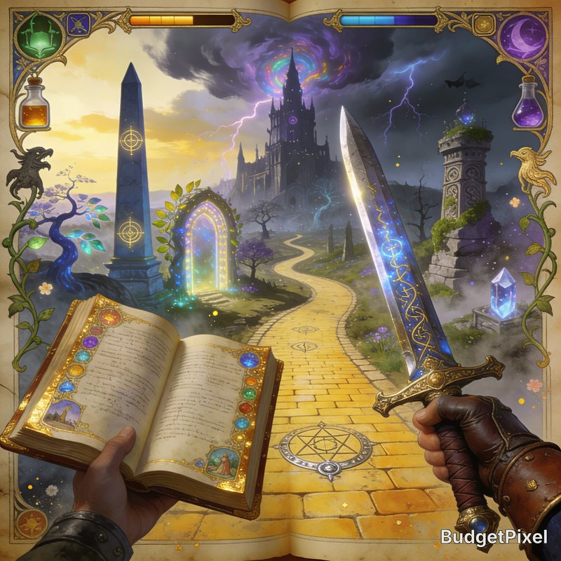 Fantasy first-person scene with a glowing sword, open magical book, and golden path toward a cast...