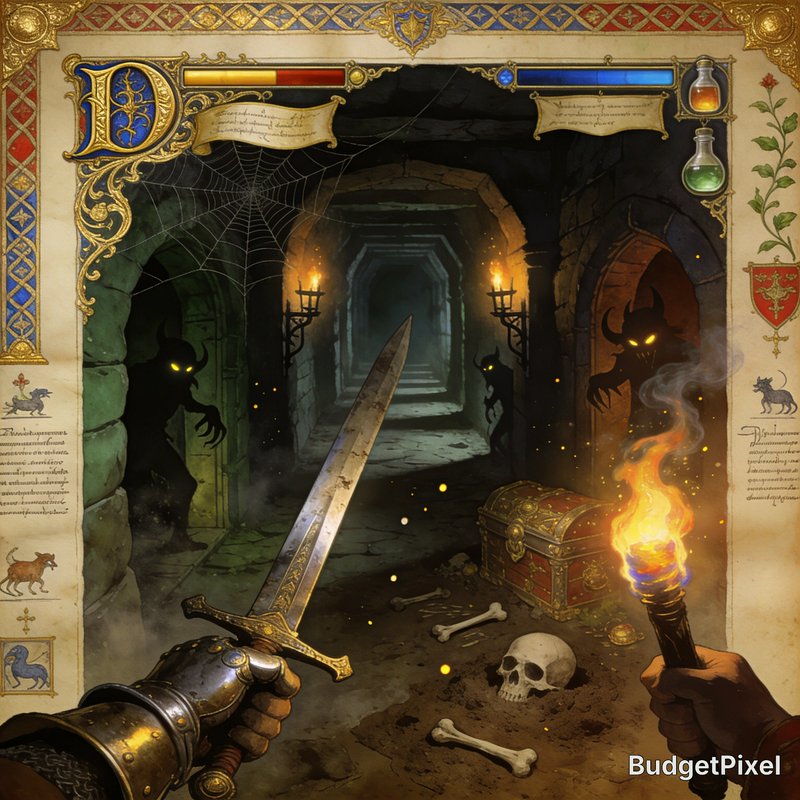Fantasy dungeon scene with a gleaming sword, torch, treasure chest, skulls, and shadowy demon sil...