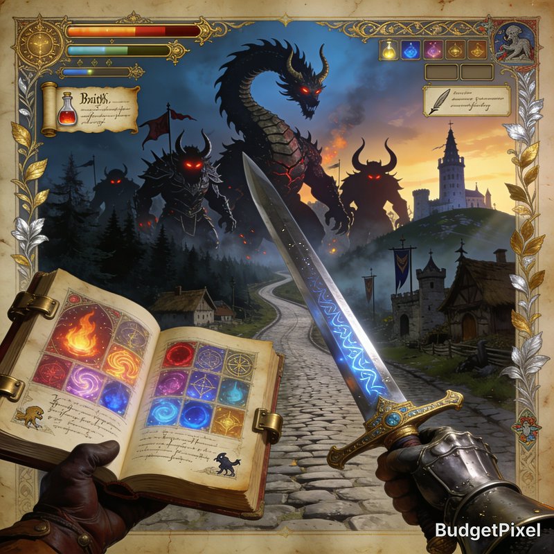 Fantasy sword-wielding adventurer holds a glowing spellbook as massive dragons loom over a castle...
